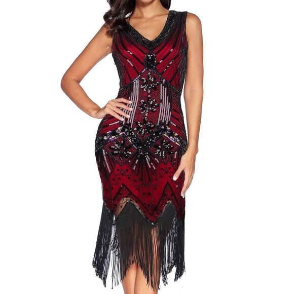 New ! ZEAGOO Tassel Sequined Vintage V Neck Flapper Cocktail Party Dress Size M - Picture 1 of 10